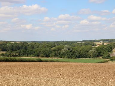 A plowed field with trees and hedges under a partly cloudy sky at Tickencote in Exton Rutland