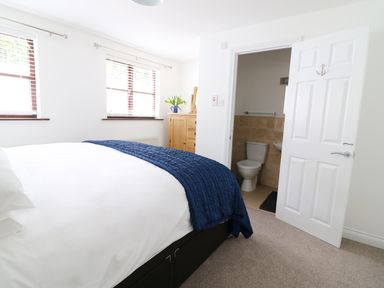 A bedroom with a bed covered in white and blue bedding two windows with blinds a wooden chest of drawers and an open door leading to a bathroom at Seal Cottage in Mortehoe