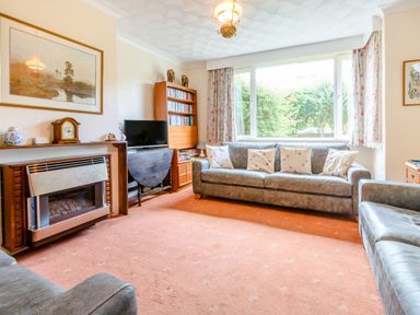A living room with a sofa set a fireplace a TV and a bookshelf at The Perks in Scarborough