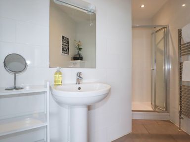 A bathroom with a pedestal sink soap dispenser mirror shower cubicle and towel rack at Buena Vista in Newquay