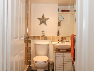 A small bathroom with a toilet a sink with cabinet a wall decoration star and a towel rack at The Compass in Swanage