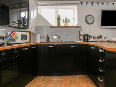 A kitchen with black cabinets wooden countertops a microwave a kettle and two cactus plants on the windowsill at The Compass in Swanage