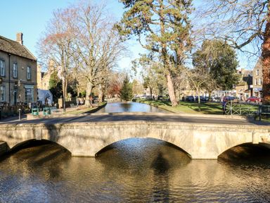 A stone bridge over a river with trees and buildings on both sides at Puffitts Cottage in Bourton-on-the-Water