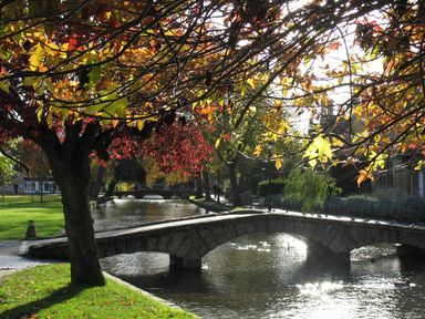 A stone bridge over a river with autumn trees and a path beside it in a park