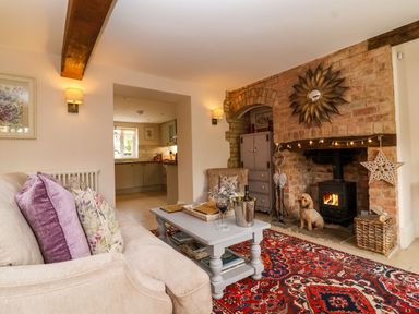 A living room with a fireplace and a dog at Puffitts Cottage Bourton-on-the-Water