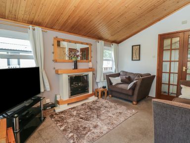 A living room with a fireplace and a sofa at The Cedars in South Lakeland Leisure Village