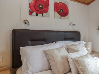 A bedroom with a bed, pillows, and wall art at The Cedars in South Lakeland Leisure Village