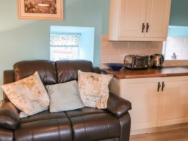 A brown leather sofa with three cushions next to a kitchen countertop with a toaster and kettle at Mary Larkin's Cottage Rostrevor near Newry