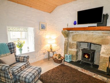 A room with a fireplace and a black wood stove a plaid armchair with an ottoman and a small side table with a lamp at Mary Larkin's Cottage Rostrevor near Newry
