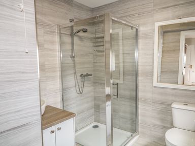 A bathroom with a glass shower enclosure a toilet a mirror and a sink on a cabinet at Mary Larkin's Cottage in Rostrevor near Newry