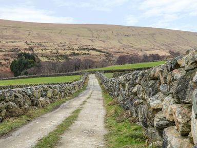 A dirt road between stone walls with fields and hills in the background at Mary Larkins Cottage in Rostrevor near Newry