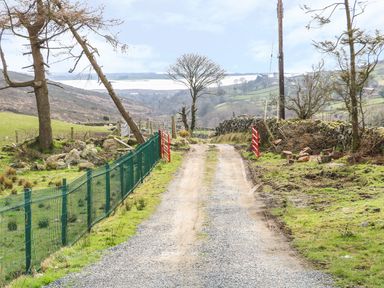 A gravel driveway with red gates on either side leading through a countryside landscape with grassy fields trees and stone walls at Pat White's Cottage in Rostrevor