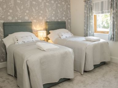 A bedroom with two single beds bedside lamp and a window with curtains at Shepherd's Rest in Montgomery
