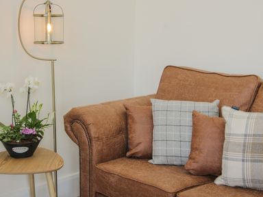 A brown leather sofa with four cushions and a wooden side table with a flower pot next to a floor lamp at Shepherd's Rest in Montgomery