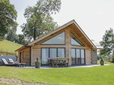 A wooden cabin with outdoor dining table and lounge chairs on a lawn at Shepherd's Rest in Montgomery