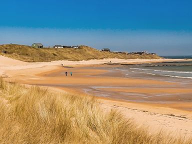 A sandy beach with grassy dunes and houses on the hill at Emblestones in Embleton