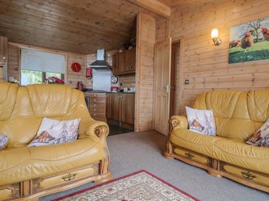 A living room with yellow sofas and kitchen area at The Cabin at East Hill Pride Four Elms Hill Nr. Sidmouth