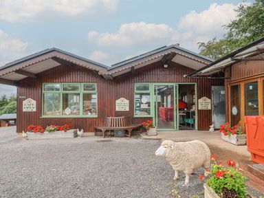 An outdoor cafe with a sheep statue and flower pots at The Cabin at East Hill Pride Four Elms Hill Nr. Sidmouth