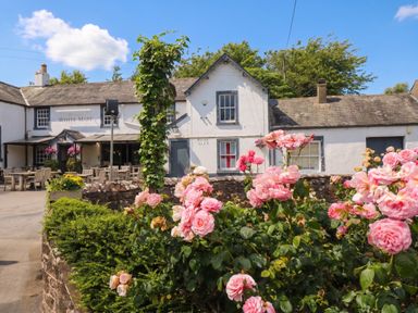 A pub with flowers and seating at The White Mare in an outdoor setting