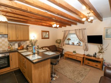A kitchen and living area with wooden cabinets a countertop with stools a brown sofa a rug and a wall-mounted TV at Bwthyn Ael Y Bryn in Criccieth