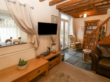 A living room with a wall-mounted TV wooden furniture rocking chair and a bookcase at Bwthyn Ael Y Bryn in Criccieth