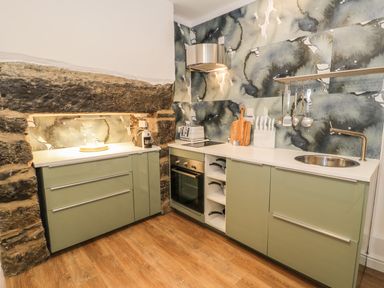 A kitchen with green cabinets a built-in oven a sink cooking utensils hanging and stone wall at Llys Madoc in Porthmadog