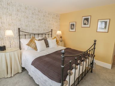 A bedroom with a metal bed frame and pillows on the bed with side tables and lamps at Llys Madoc in Porthmadog