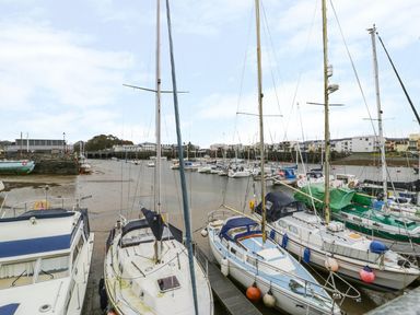 A marina with boats docked in the water and buildings in the background at Llys Madoc in Porthmadog
