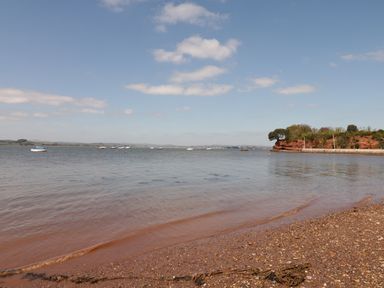 A shoreline with boats on the water and a rocky headland with trees at Searles in Lympstone
