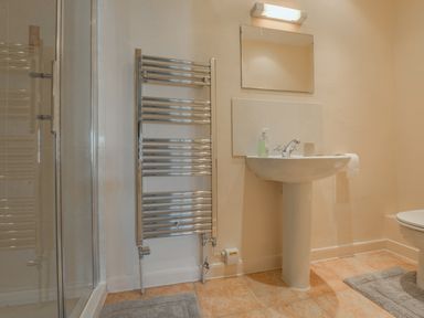 A bathroom with a shower, a chrome towel rack, a pedestal sink with a mirror and light above it, a toilet, and floor mats at Glebe House Wells