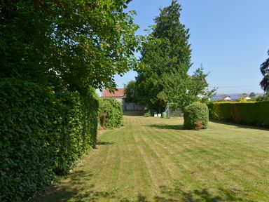 A mowed lawn bordered by trees and hedges with a building in the background at Glebe House in Wells