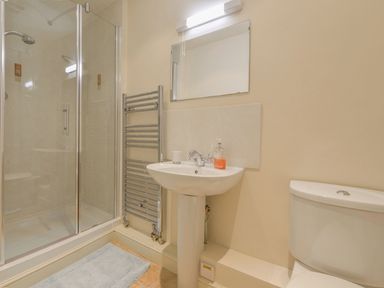 A bathroom with a shower enclosure sink with mirror and hand soap towel rack and toilet at Glebe House in Wells