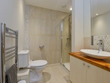 A bathroom with a toilet towel rack shower and sink with wooden countertop at Old Armoury Barn in Ashburton