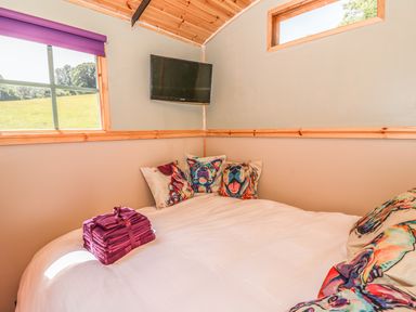 A bedroom with a bed featuring colorful dog pillows a stack of purple towels a window with a purple blind and a wall-mounted TV at Railway Carriage in Govilon
