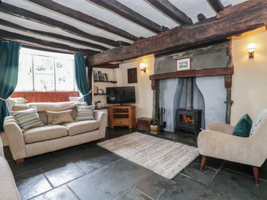 A living room with a sofa and wood burner at Rose Cottage Broughton-In-Furness