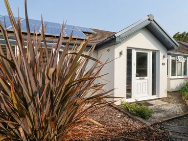 Exterior front view of a white house with solar panels on the roof and a tall plant in the foreground at Trenant View in Wadebridge