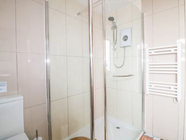 A bathroom with a glass shower enclosure a white toilet and a white wall-mounted towel radiator at Little May in Newquay