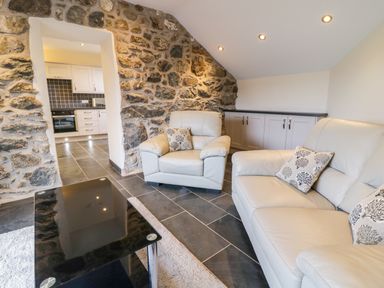 A sitting area with leather armchairs and sofa with cushions beside a stone wall and glass coffee table at Bothi in Llanuwchllyn