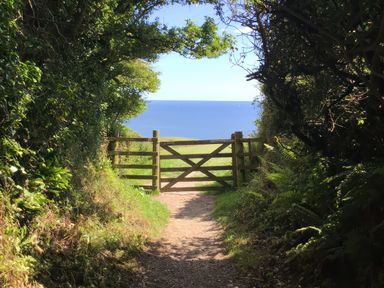 A dirt path leading to a wooden gate with greenery on both sides and a view of the ocean beyond at The Coach House at Pendower House in Fowey