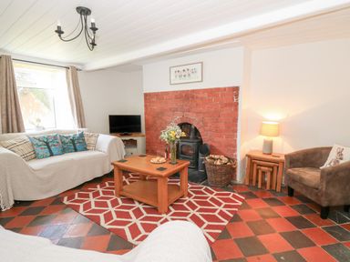 A living room with a sofa and armchair by a fireplace and a television at Pengraig near Tregaron