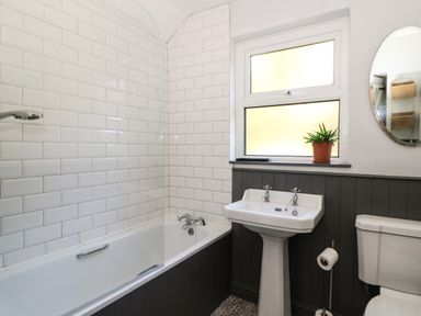 A bathroom with a bathtub shower sink toilet and a plant on the window at Pengraig near Tregaron
