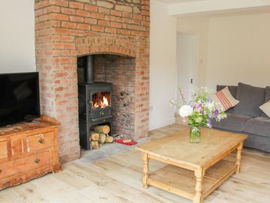 A living room with a wood-burning stove in a brick fireplace a wooden coffee table with a flower vase a gray sofa and a wooden TV cabinet at The Old Farmhouse Upper Pitts in Knighton