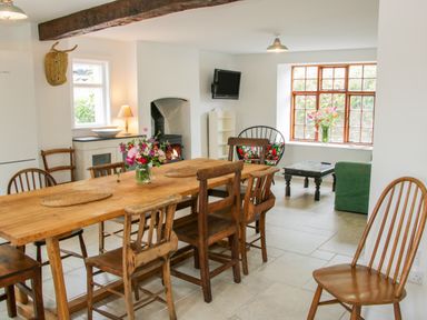 A dining area with a wooden table and chairs a fireplace and a seating area with a black round chair and a green sofa at The Old Farmhouse Upper Pitts in Knighton