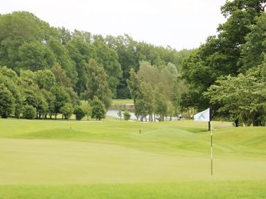 A golf green with a flagstick and trees in the background at Lodge 8 in Louth