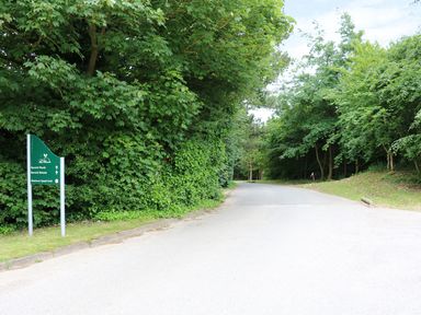 A road leading through a wooded area with trees and a green sign at Kenwick Woods in Louth