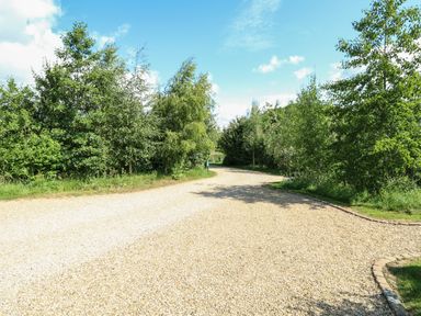 A gravel pathway surrounded by trees and greenery under a blue sky at Burley in Exton Rutland