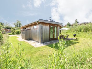 A wooden cabin with glass doors and a small patio with table umbrella chairs and a barbecue on a grassy lawn at Burley in Exton Rutland