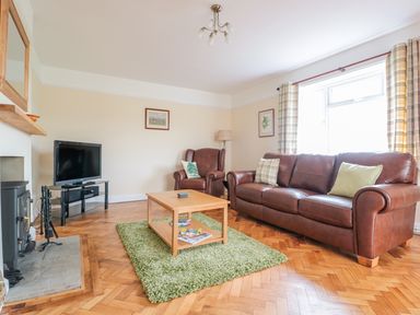 A living room with a leather sofa and armchair a wooden coffee table on a green rug a television near a fireplace at Bower View in Madley