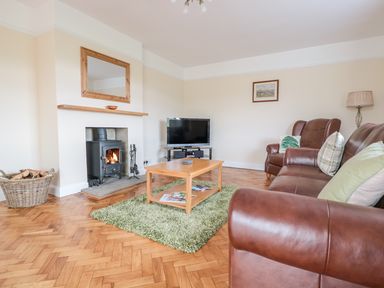 A living room with a wood burning stove a television on a stand a wooden coffee table on a rug and leather sofas at Bower View in Madley