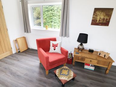 A room with a red armchair with a fox pillow a wooden table with a lamp and basket and a footstool on a wooden floor at Heron Lodge in Mavis Enderby near Spilsby